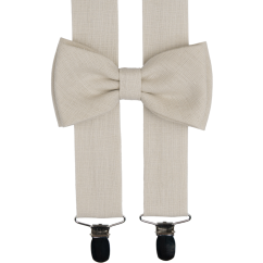 Lněné béžové kšandy s motýlkem včetně kapesníčku