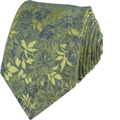 Olive Green Men's Necktie with Blue Floral Pattern