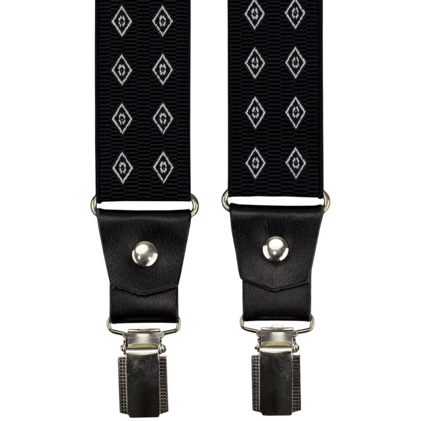 Black Men's Wide Suspenders with Diamond Pattern and Genuine Black Leather