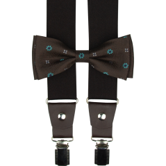 Tmavě hnědý pánský set s tyrkysovými květy – kšandy, motýlek a kapesníček