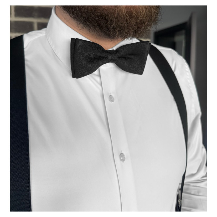 Černý pánský set s černým vzorem – kšandy, motýlek a kapesníček