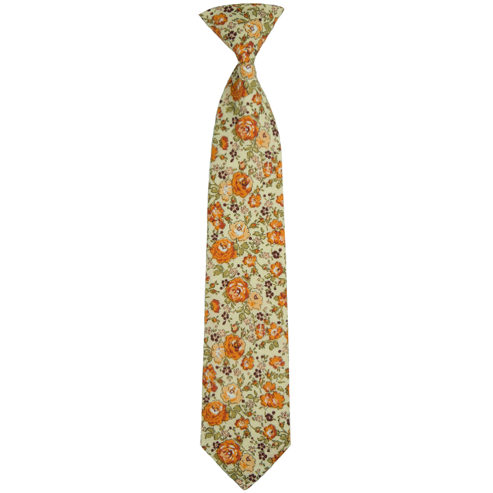 Svetlo béžová detská bavlnená kravata so žlto-oranžovými kvetmi Svetlo béžová detská bavlnená kravata so žlto-oranžovými kvetmi