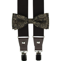 Tmavě hnědý pánský set s paisley vzorem – kšandy, motýlek a kapesníček