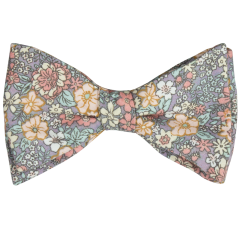 Šedo modro béžový bavlněný vázací motýlek s barevnými květy