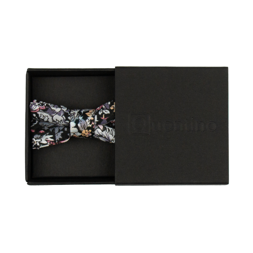 Černý MINI dětský motýlek s šedo růžovými květy