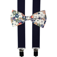 Tmavě modré pánské kšandy s bavlněným květovaným motýlkem