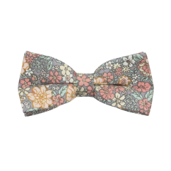 Šedo modro béžový dětský bavlněný motýlek s barevnými květy