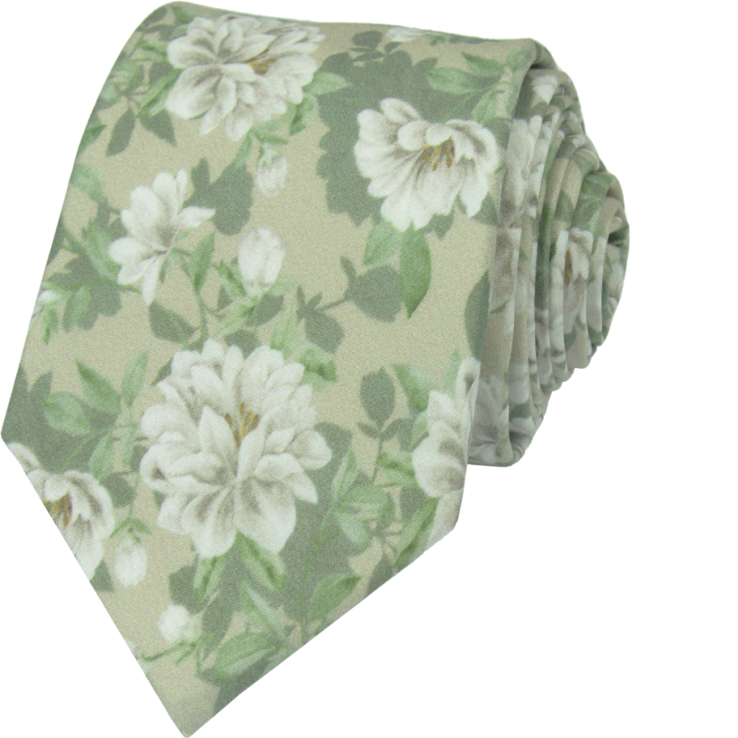 Šalvějově zelená pánská bavlněná kravata s květy