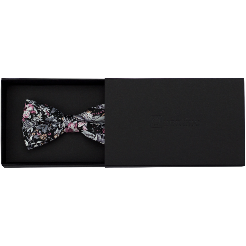 Černý dětský bavlněný motýlek s šedo růžovými květy