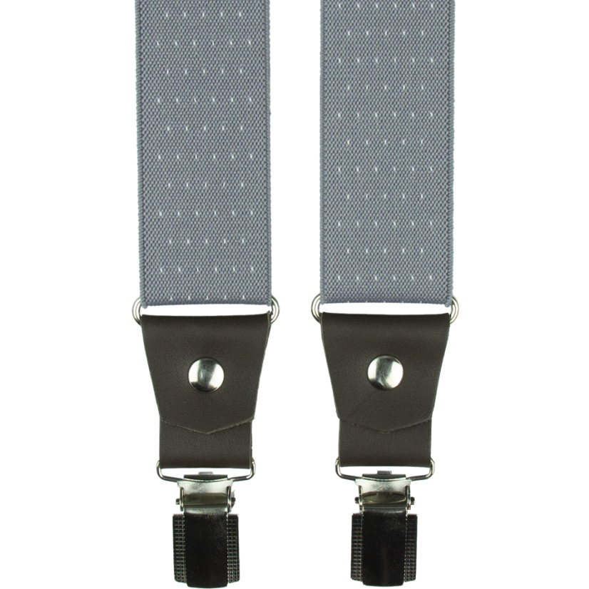 Šedé pánské široké kšandy s puntíky a pravou tmavě hnědou kůží