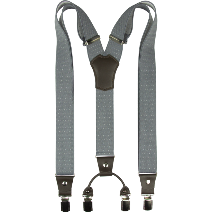 Šedé pánské široké kšandy s puntíky a pravou tmavě hnědou kůží