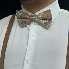Light Brown Men's Suspenders with Cotton Floral Bow Tie