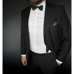 Smaragdově zelený pánský set s hnědo bílým vzorem - kšandy, motýlek a kapesníček