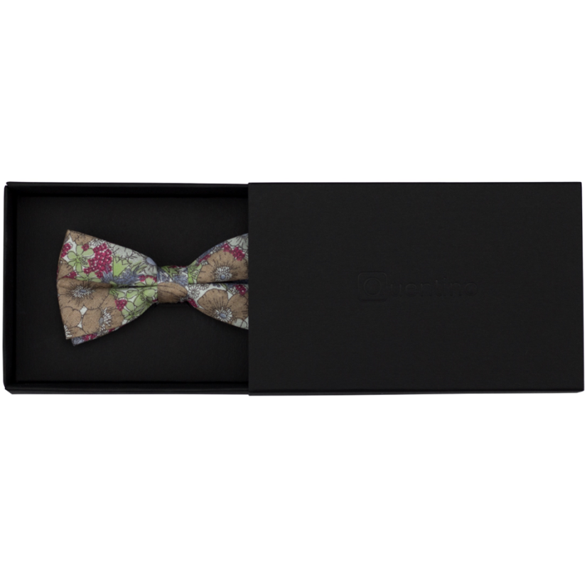 Hnědo zelený dětský bavlněný motýlek s květy