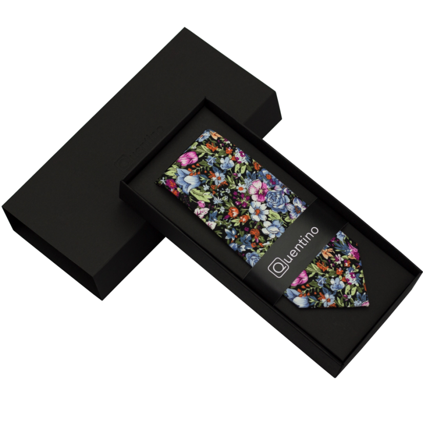 Black Men's Cotton Necktie with Blue-Purple Flowers