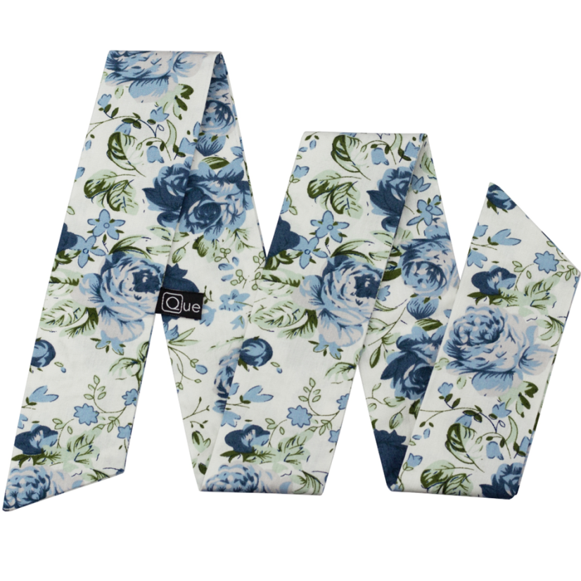 Bílá dámská stuha s modrými květy