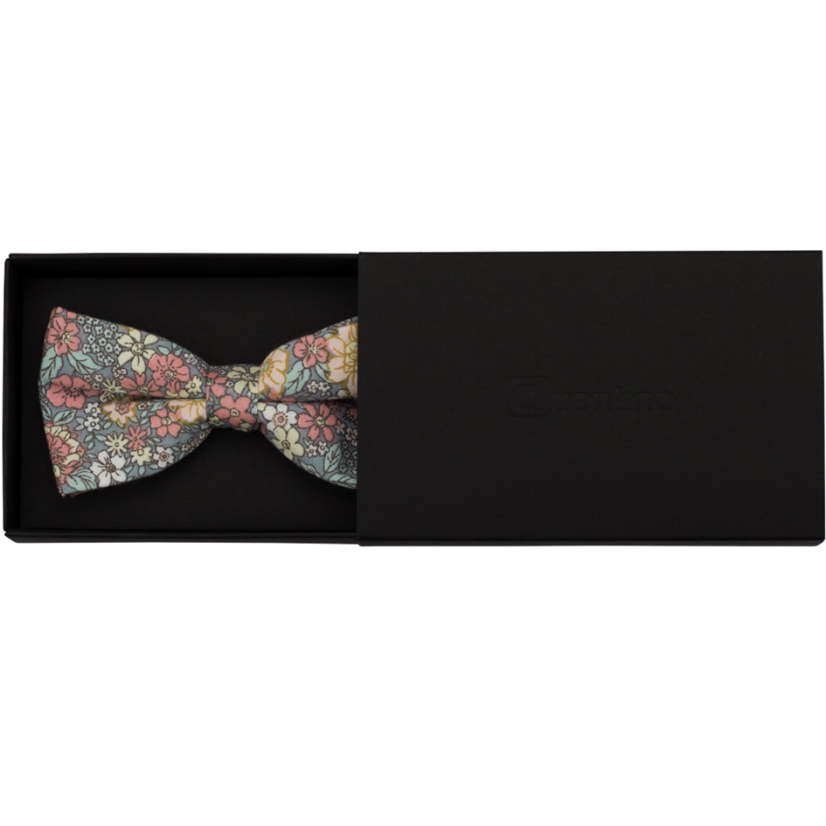 Šedo modro béžový pánský bavlněný motýlek s barevnými květy