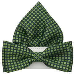 Tmavě zelený pánský motýlek se čtverečky včetně kapesníčku