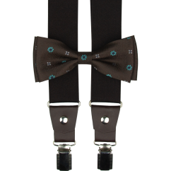 Tmavě hnědý pánský set s tyrkysovými květy – kšandy, motýlek a kapesníček