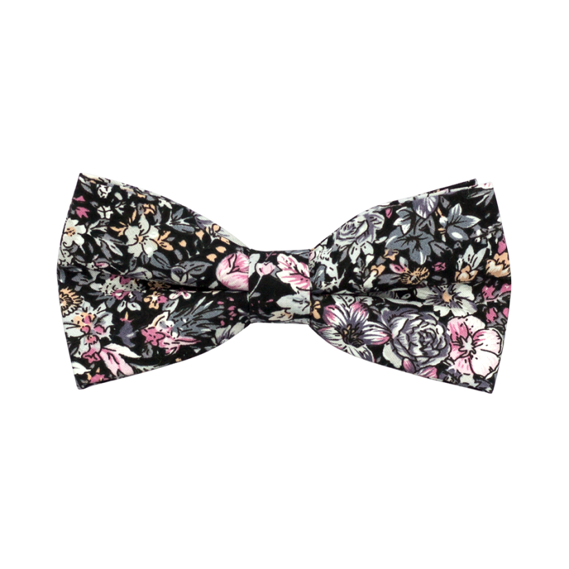 Black Children's Cotton Bow Tie with Grey-Pink Flowers
