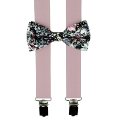 Starorůžové dětské kšandy s bavlněným květovaným motýlkem