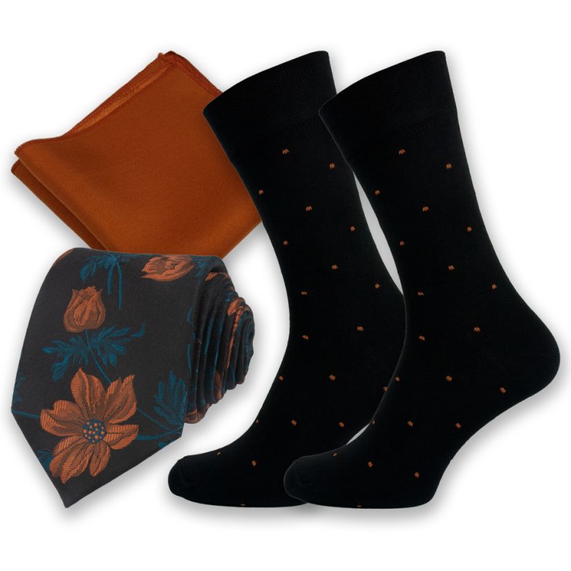 Černo cihlový pánský set – kravata, kapesníček a ponožky