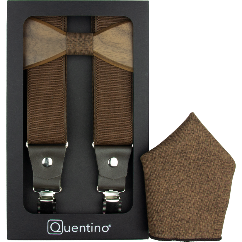 Hnědé pánské široké kšandy s dřevěným motýlkem