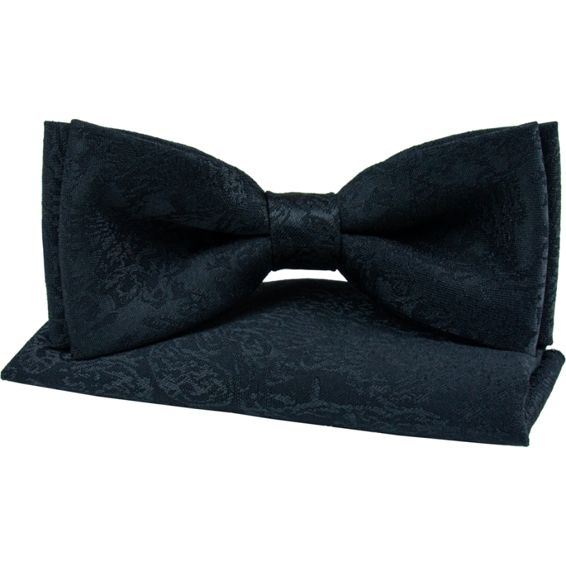 Černý pánský motýlek s černým vzorem včetně kapesníčku