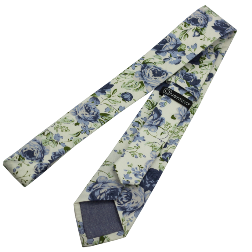 Bílá pánská bavlněná kravata s modrými květy