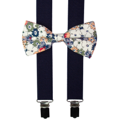 Tmavě modré pánské kšandy s bavlněným květovaným motýlkem