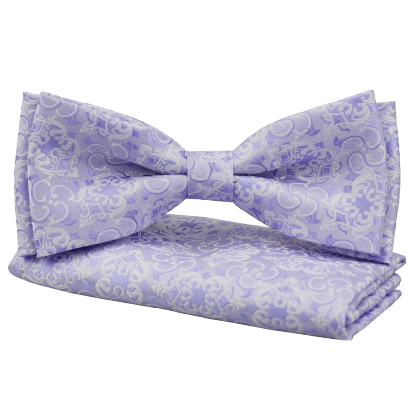 Světle modro fialový vzorovaný pánský motýlek s kapesníčkem