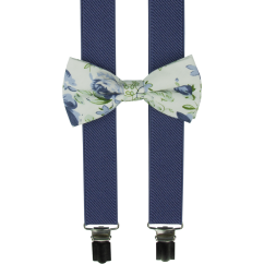 Modré denim dětské kšandy s bavlněným květovaným motýlkem