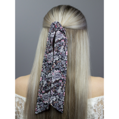 Černá dámská stuha s šedo růžovými květy