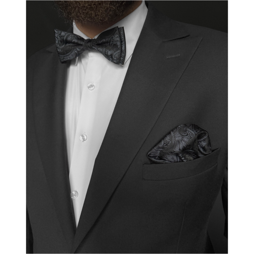 Tmavě šedý pánský set s paisley vzorem – kšandy, motýlek a kapesníček