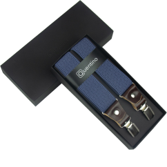 Modré denim pánské široké kšandy s hnědou pravou kůží