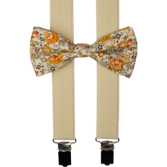 Beige Men's Suspenders with a Cotton Floral Bow Tie