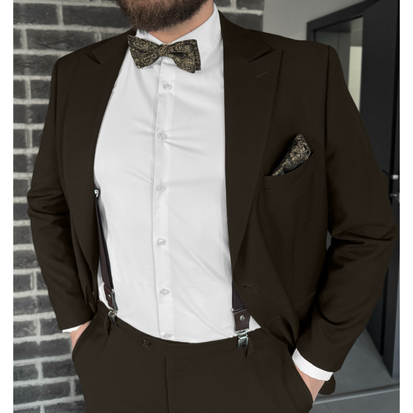 Tmavě hnědý pánský motýlek se zlatým paisley vzorem