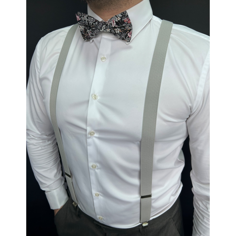 Light Grey Men's Suspenders with Cotton Floral Bow Tie