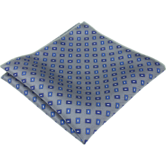 Šedý pánský hedvábný kapesníček do saka s modrým geometrickým vzorem