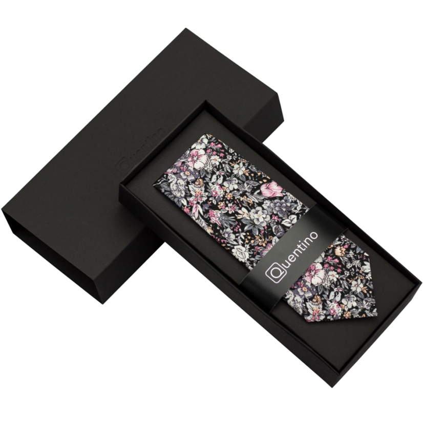 Black Men's Cotton Necktie with Grey-Pink Flowers