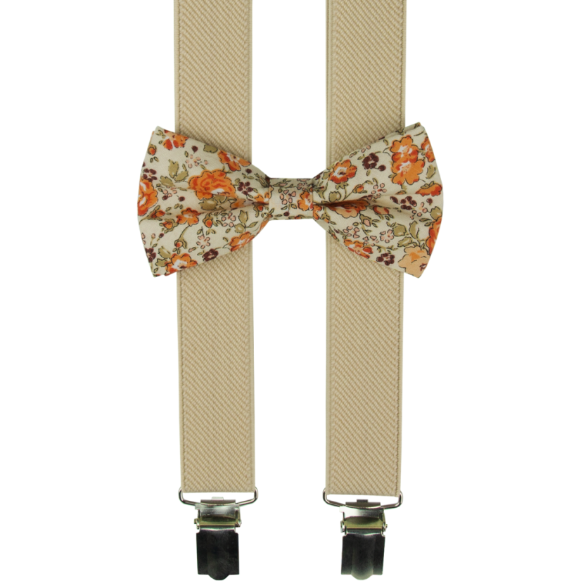 Béžové dětské kšandy s bavlněným květovaným motýlkem