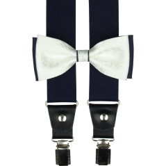 Tmavě modrý pánský set s tlumeně bílým ornamentem – kšandy, motýlek a kapesníček