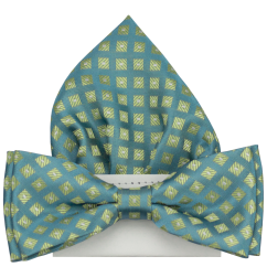 Světle petrolejový pánský motýlek se čtverečky včetně kapesníčku