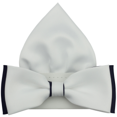 White Dark Blue Men's Matte Bow Tie with Pocket Square