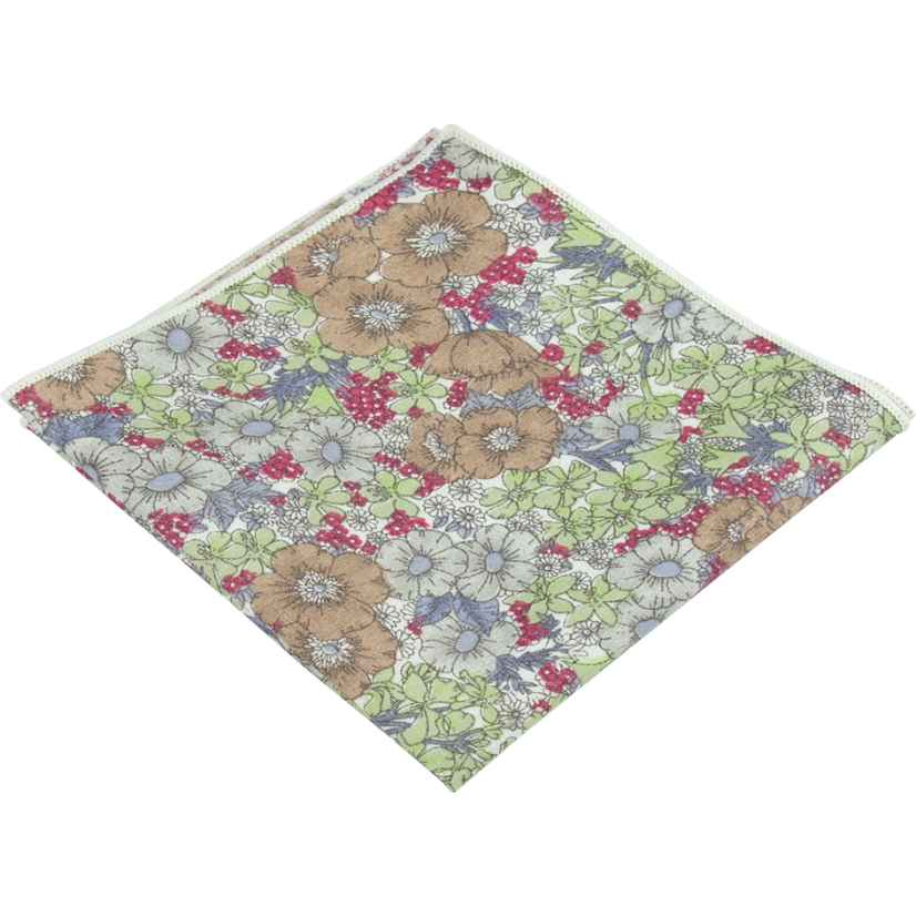 Hnědo zelený pánský kapesníček s květy