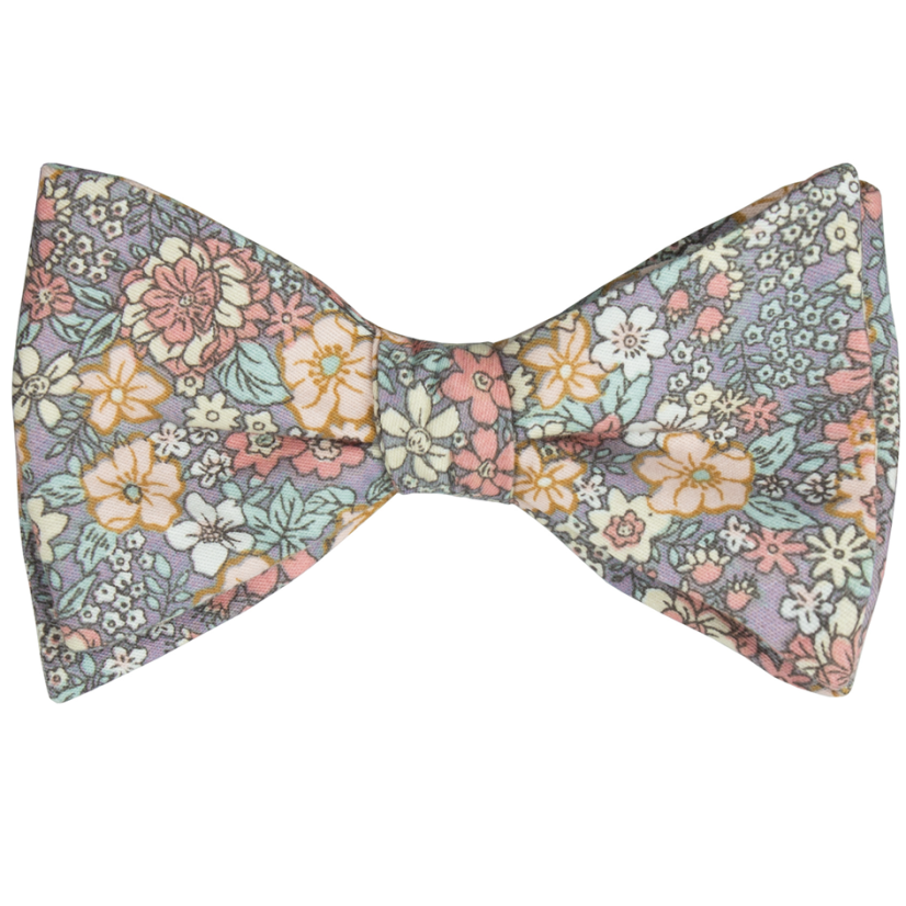 Šedo modro béžový bavlněný vázací motýlek s barevnými květy