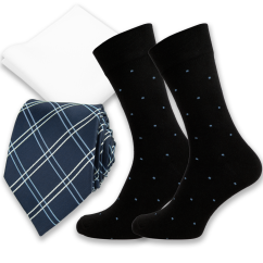 Tmavě modrý pánský set s kostkovanou kravatou – kravata, kapesníček a ponožky