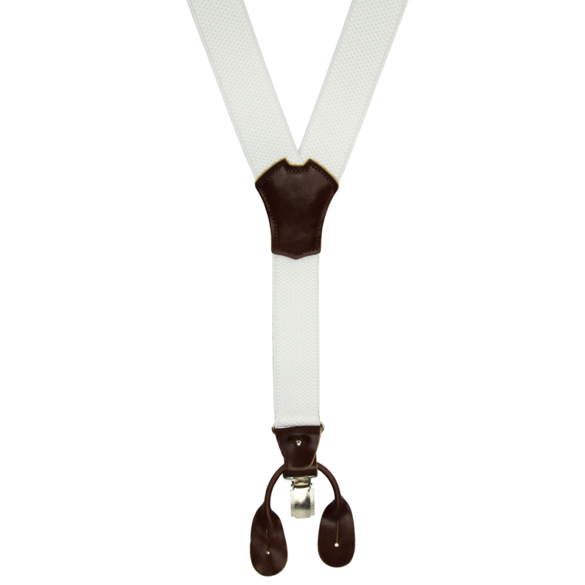 Bílé pánské široké kšandy s klipy a poutky