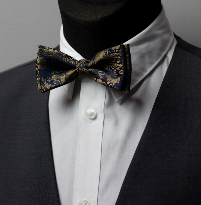 Dark Blue Men's Bow Tie with Paisley Pattern Including Pocket Square