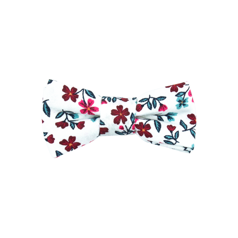 Bílý MINI dětský motýlek s vínově růžovými kvítky